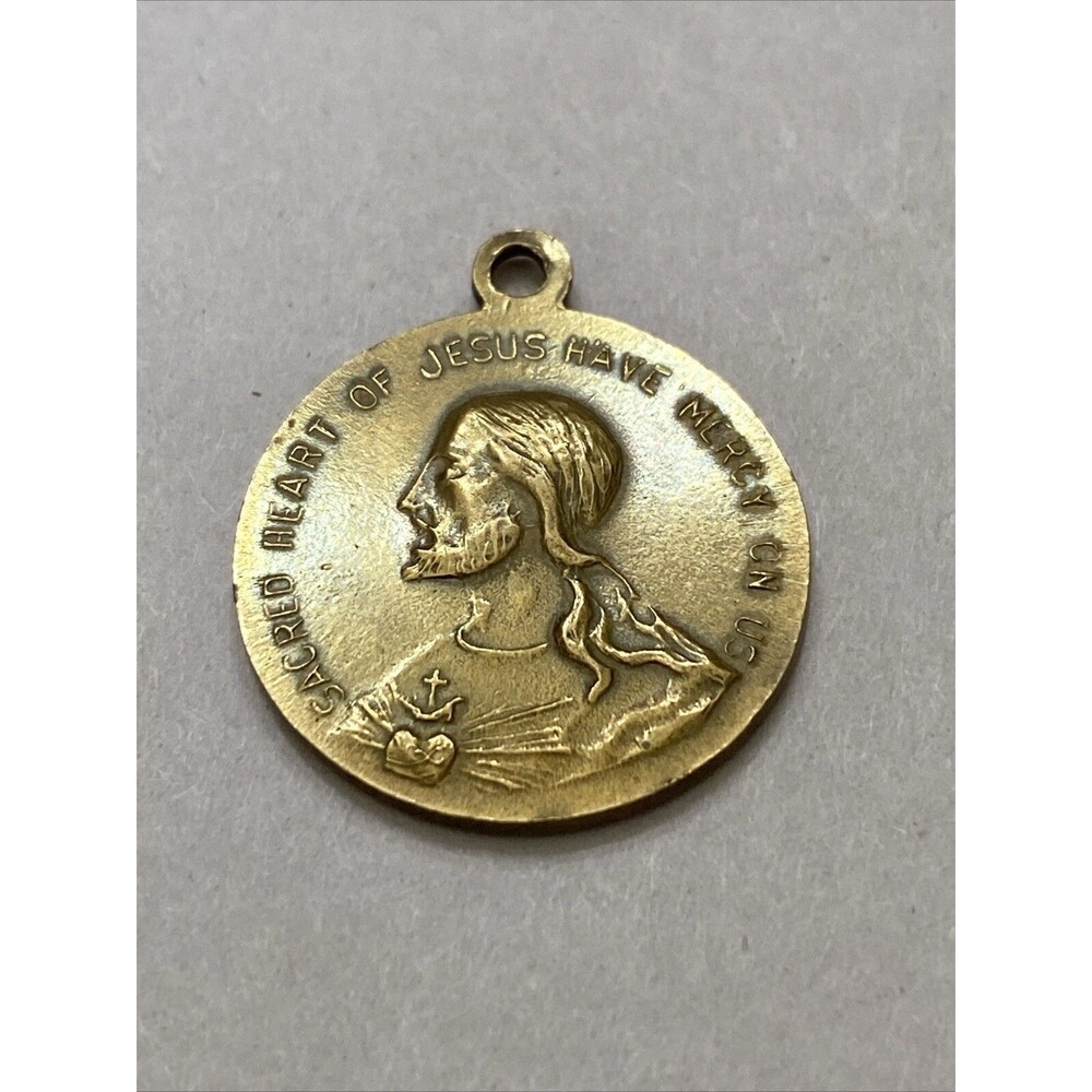 Catholic Antique Vintage Brass Mercy On Us - Our Lady of Fatima medal pendant